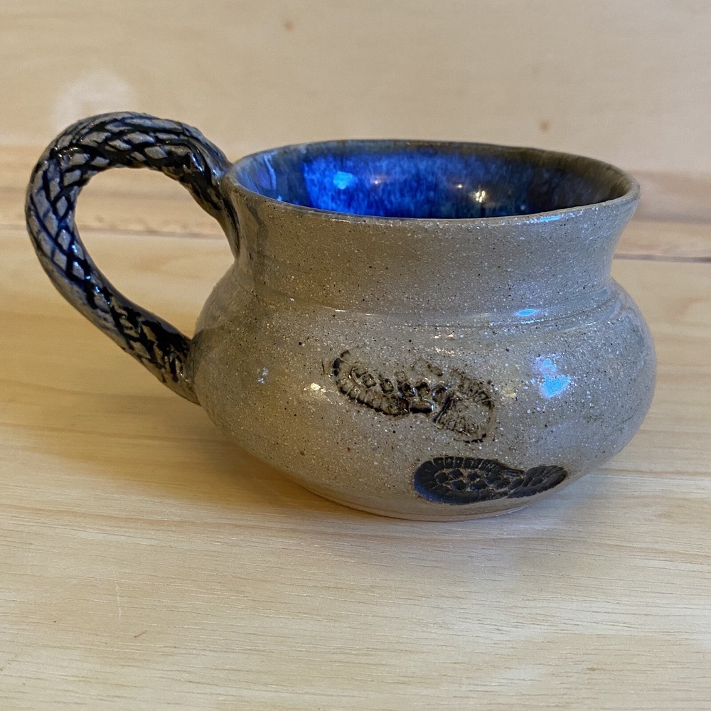 Hand Thrown Mug Left Handed Gray Blue Studio Art Pottery Foot Print Cup Handle